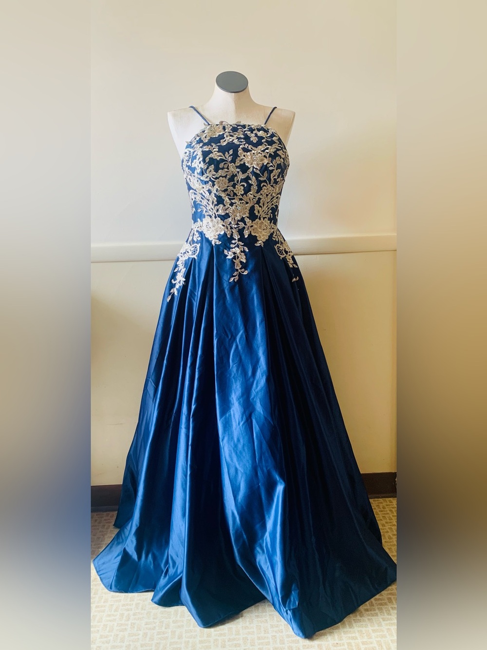 Betsy & Adam Royal Blue Satin & Embroidered Lace Ball Gown
